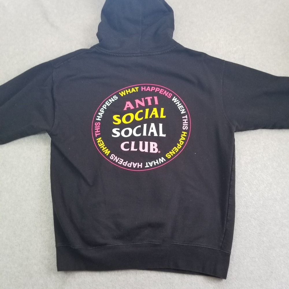 Anti Social Social Club Hoodie Mens Large Black What Happens Circle Logo Hype